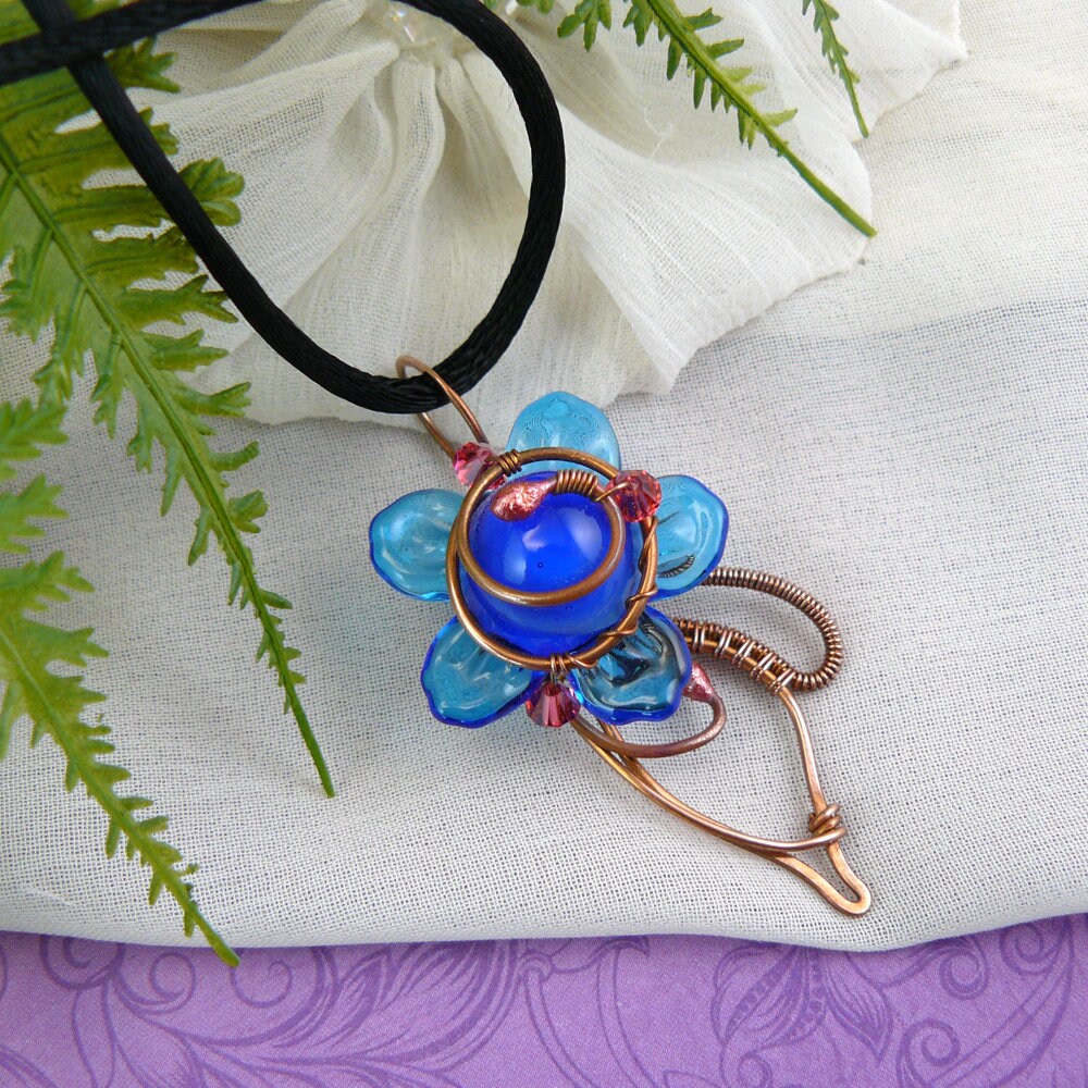 Cobalt and Deep Aqua Blue Whimsical Wire Wrapped Lampwork Glass Flower Pendant