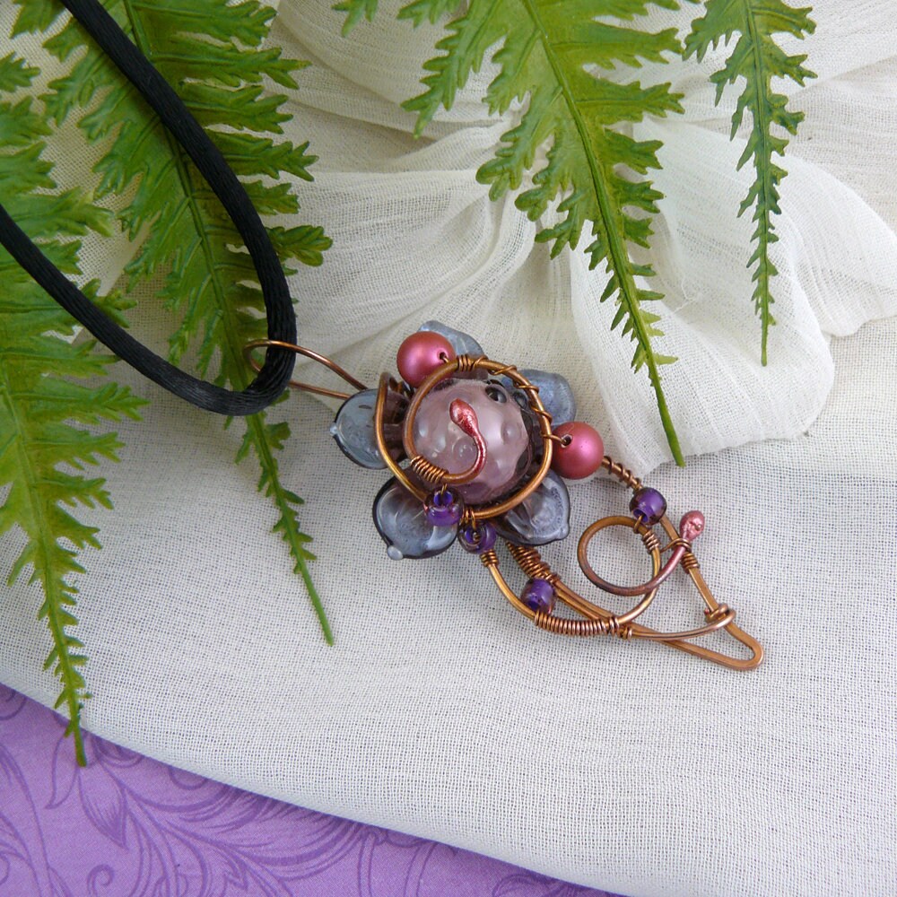 Pink and Lavender Lampwork Glass Flower Pendant Wire Wrapped in Copper Wire