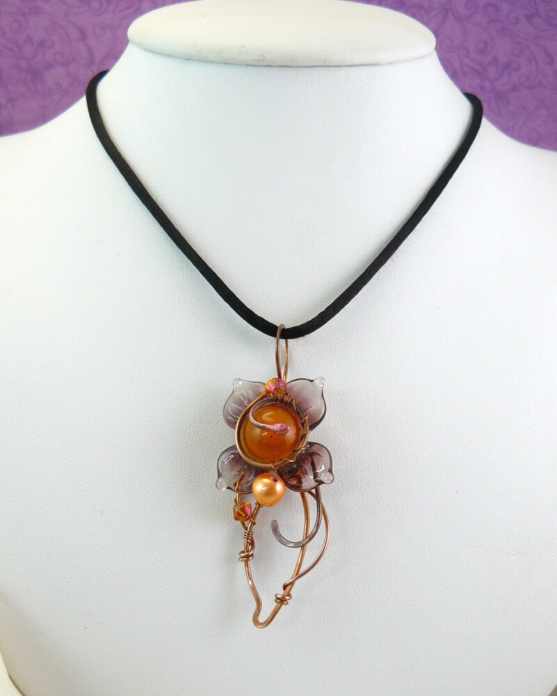 Orange Crystal Copper and Smoky Purple Whimsical Wire Wrapped Lampwork Glass Flower Pendant