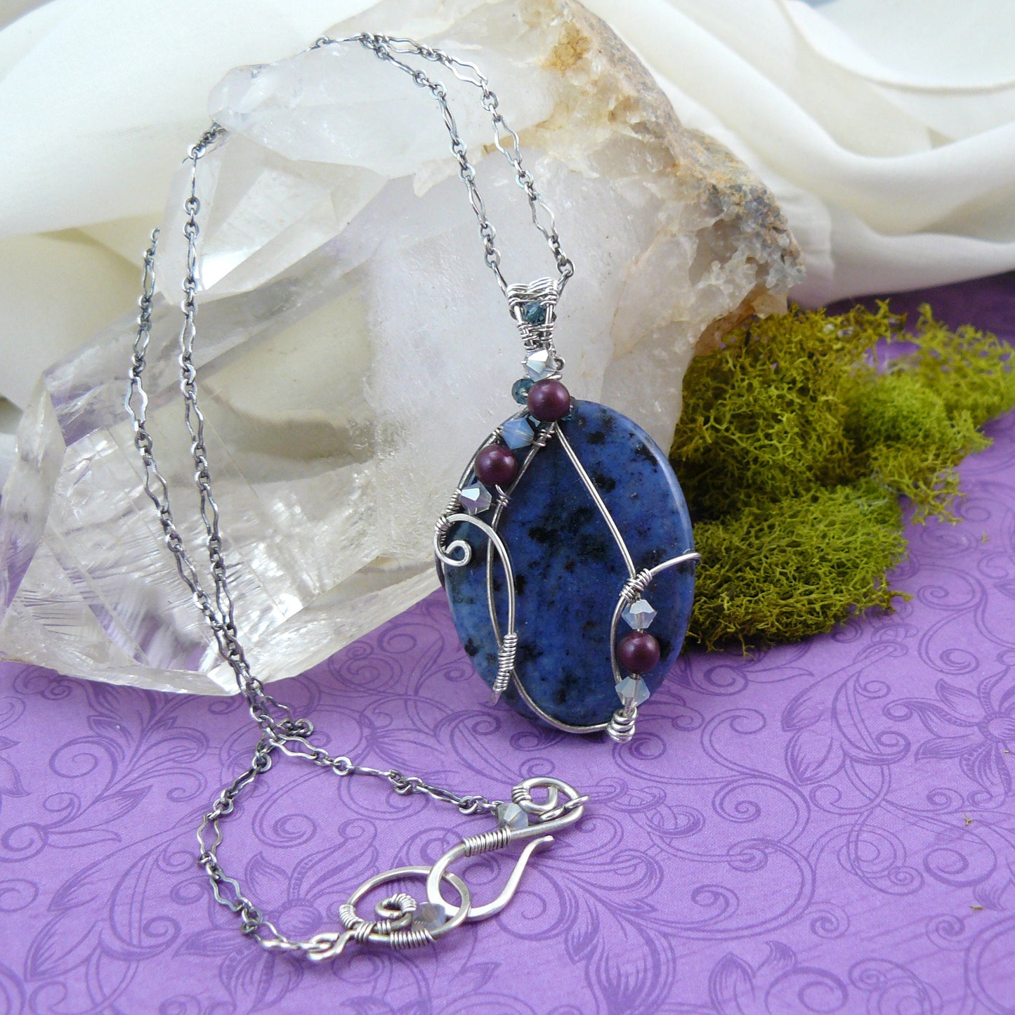 Romantic Deep Blue Dumortierite Wire Wrapped Pendant, One of a Kind, Wrapped in Sterling Silver and Antiqued to Emphasize Detail