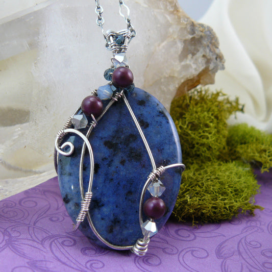 Romantic Deep Blue Dumortierite Wire Wrapped Pendant, One of a Kind, Wrapped in Sterling Silver and Antiqued to Emphasize Detail