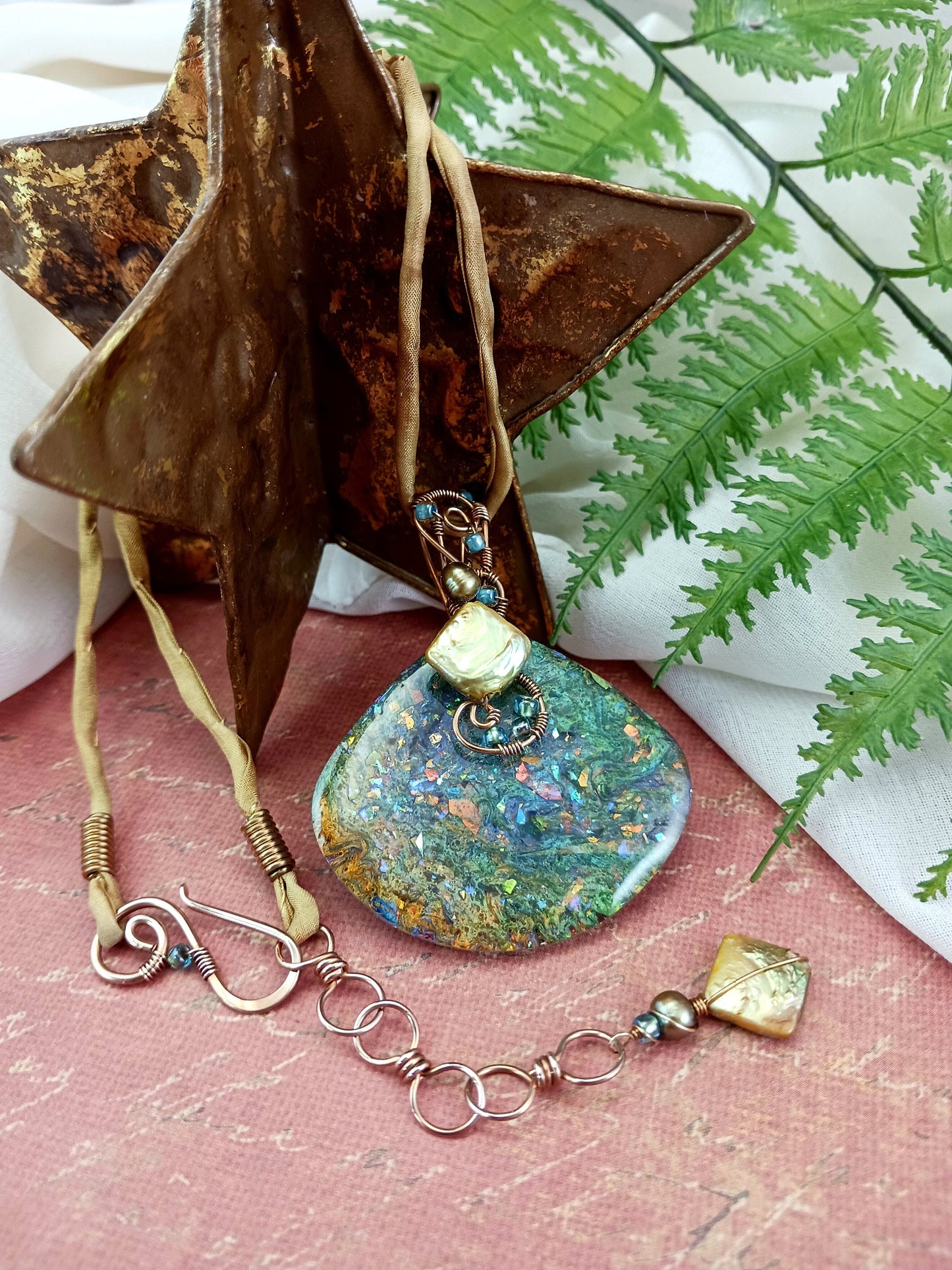 Gold and Green Resin Pendant Wire Wrapped in Bronze, Fan Shaped and Finished with a Freshwater Pearl and a Golden Silk Neck Cord