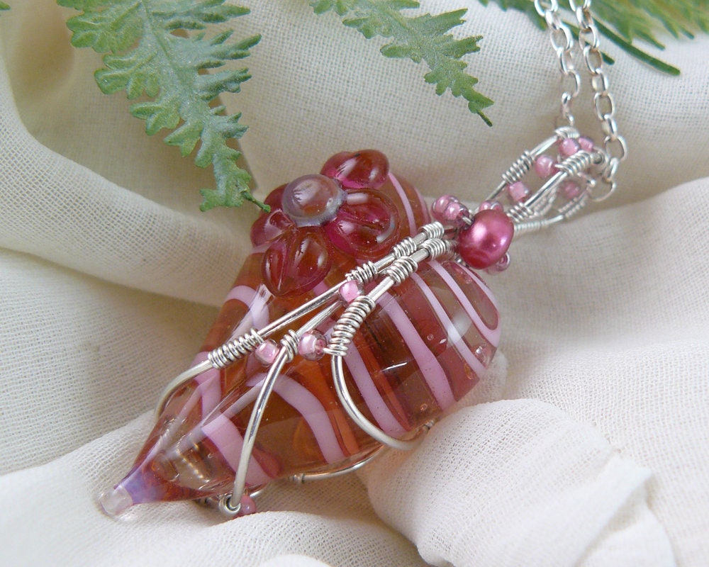 Whimsical Lampwork Glass Peppermint Candy Wire Wrapped Heart Pendant