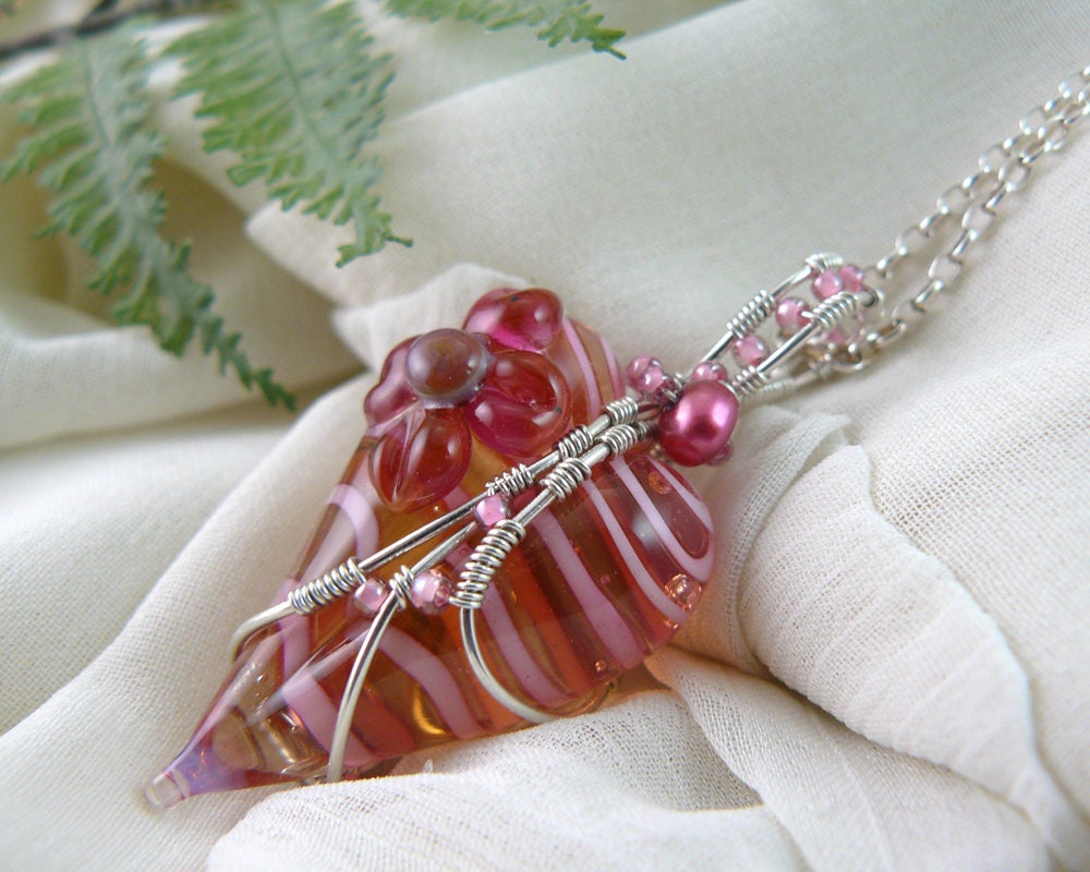 Whimsical Lampwork Glass Peppermint Candy Wire Wrapped Heart Pendant