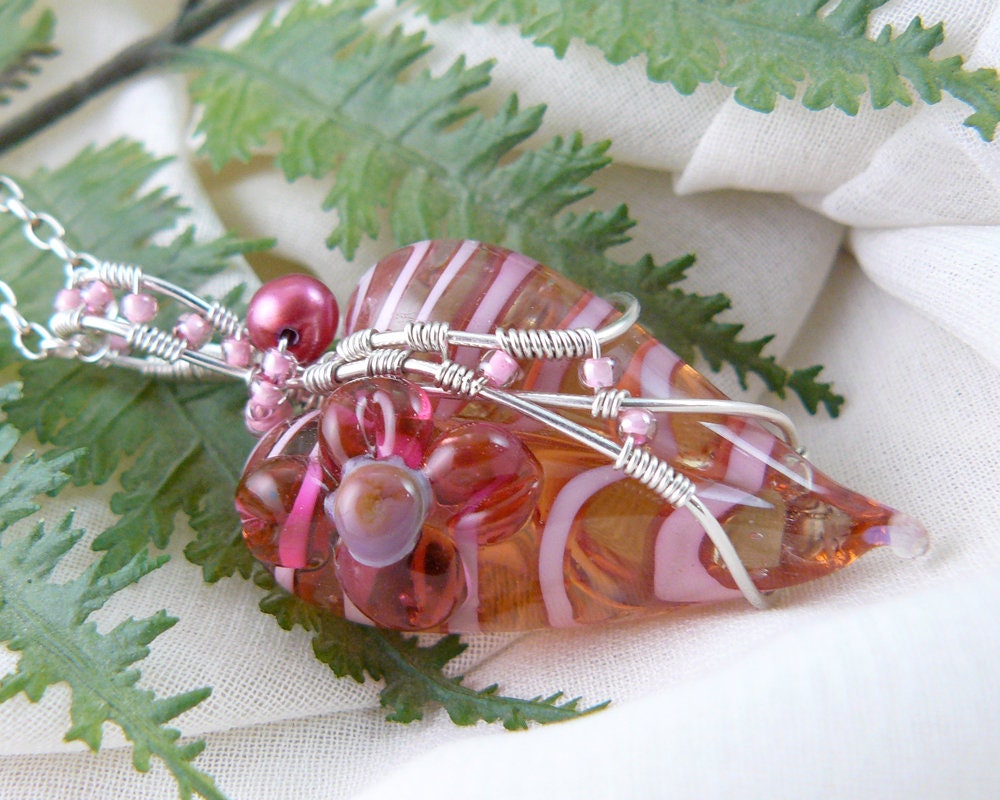 Whimsical Lampwork Glass Peppermint Candy Wire Wrapped Heart Pendant