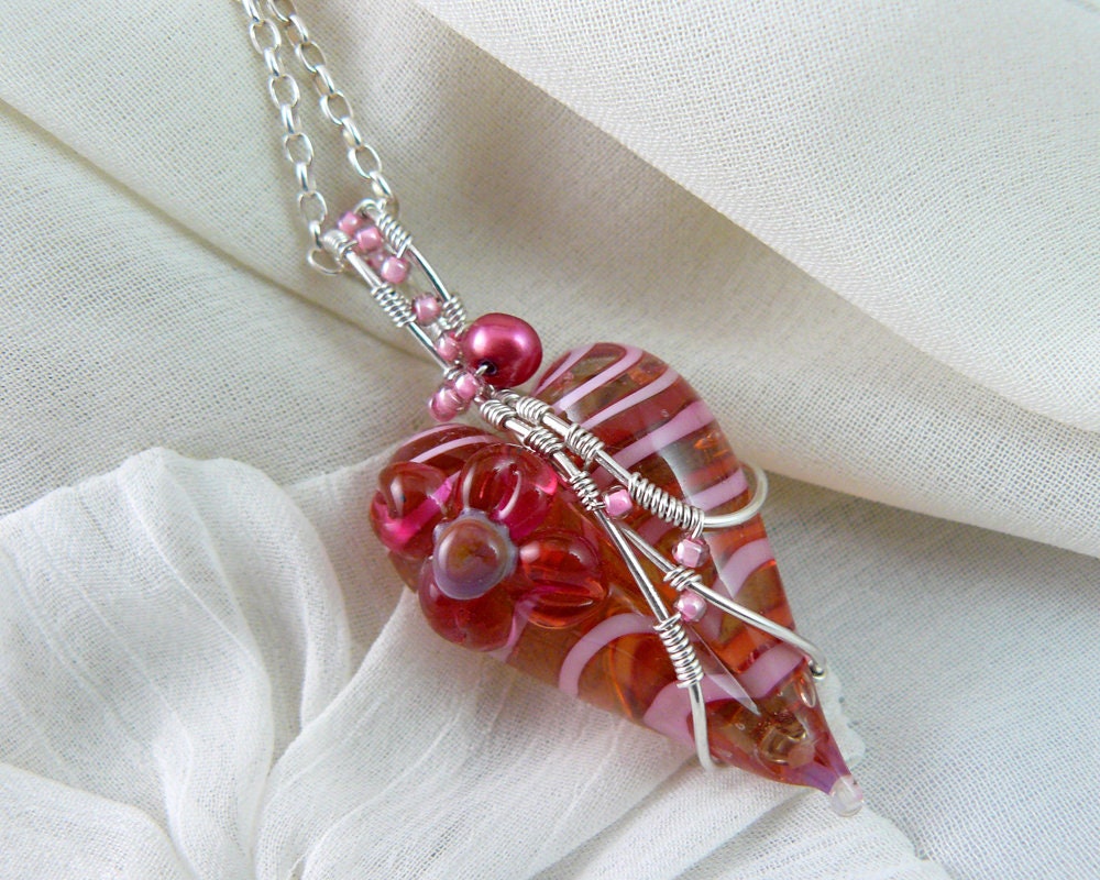 Whimsical Lampwork Glass Peppermint Candy Wire Wrapped Heart Pendant