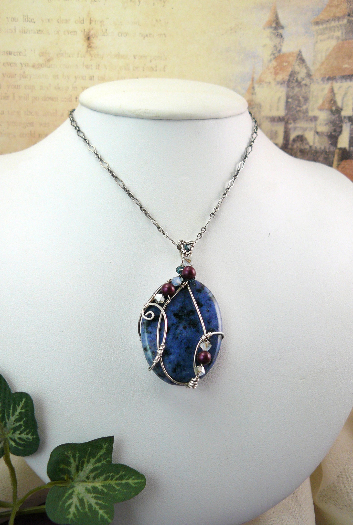 Romantic Deep Blue Dumortierite Wire Wrapped Pendant, One of a Kind, Wrapped in Sterling Silver and Antiqued to Emphasize Detail