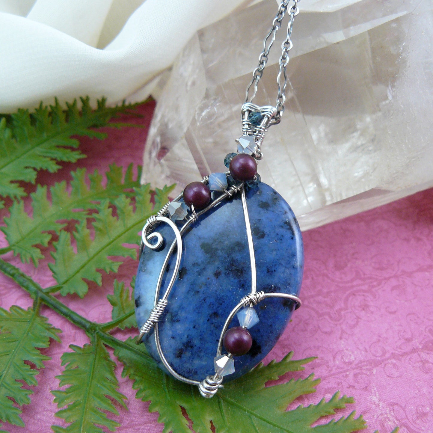 Romantic Deep Blue Dumortierite Wire Wrapped Pendant, One of a Kind, Wrapped in Sterling Silver and Antiqued to Emphasize Detail