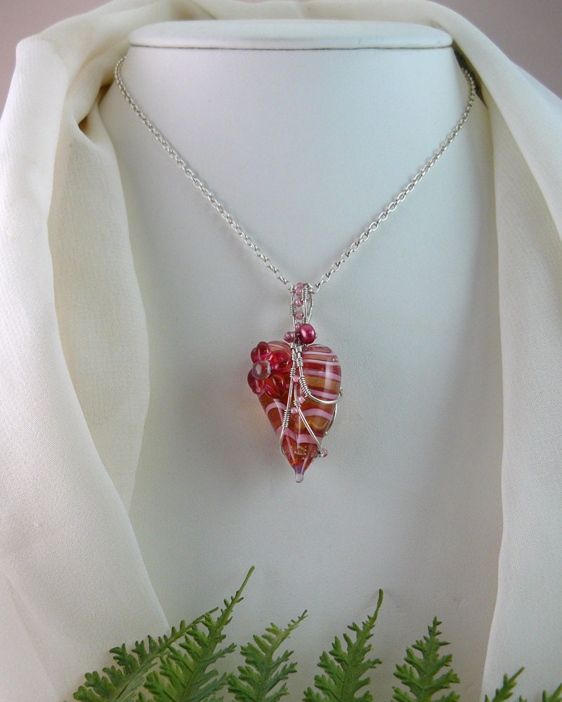 Whimsical Lampwork Glass Peppermint Candy Wire Wrapped Heart Pendant